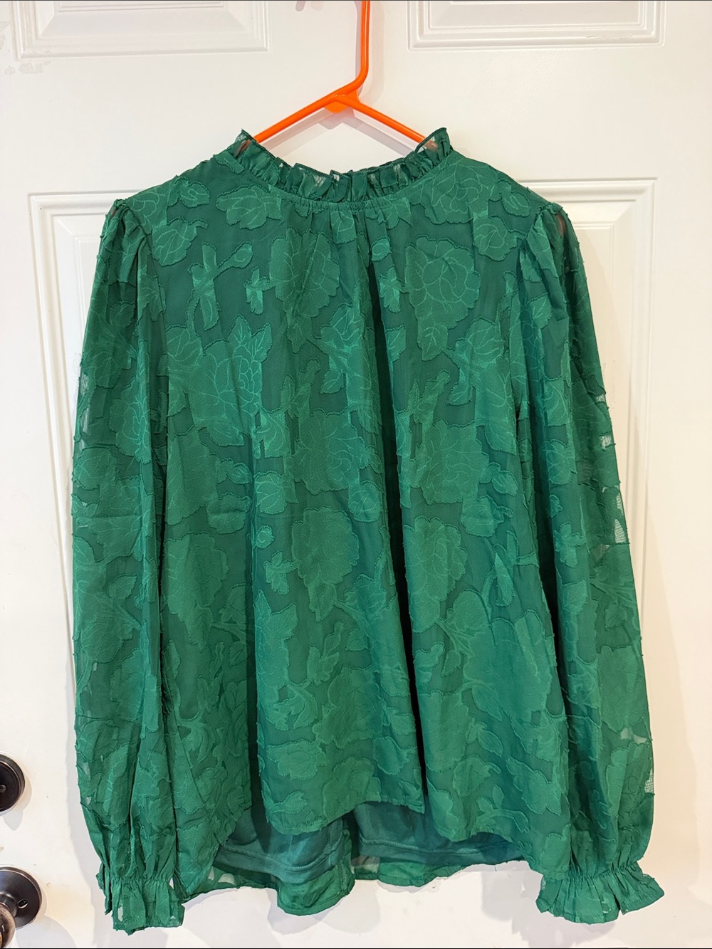 Staccato Emerald Green Floral Jacquard Ruffled Mock-Neck Blouse